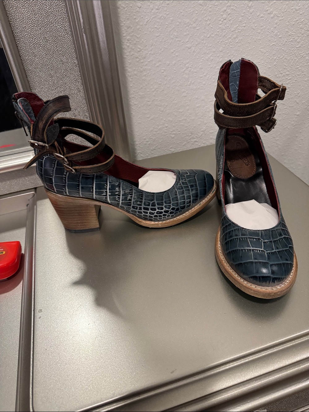 Freebird by Steven Teal Croc-Embossed Ankle-Strap Pumps with Brown Straps - Picture 2 of 5